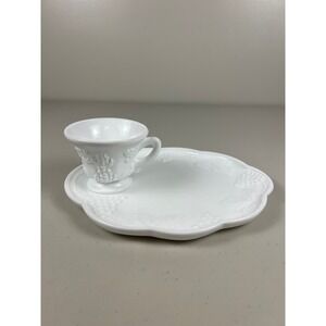 Westmoreland Milk Glass Grape Pattern Snack Set Plate and Cup White Vintage